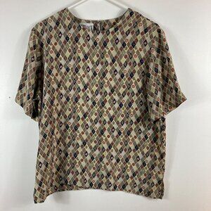 Womens Vintage Stunt Silk‎ Top Short Sleeve Tan Green Diamonds Flowers Pattern M